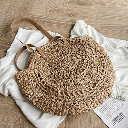 Round Straw Beach Bag – Hollow Woven Shoulder Tote for Women’s Summer Travel Brownstick