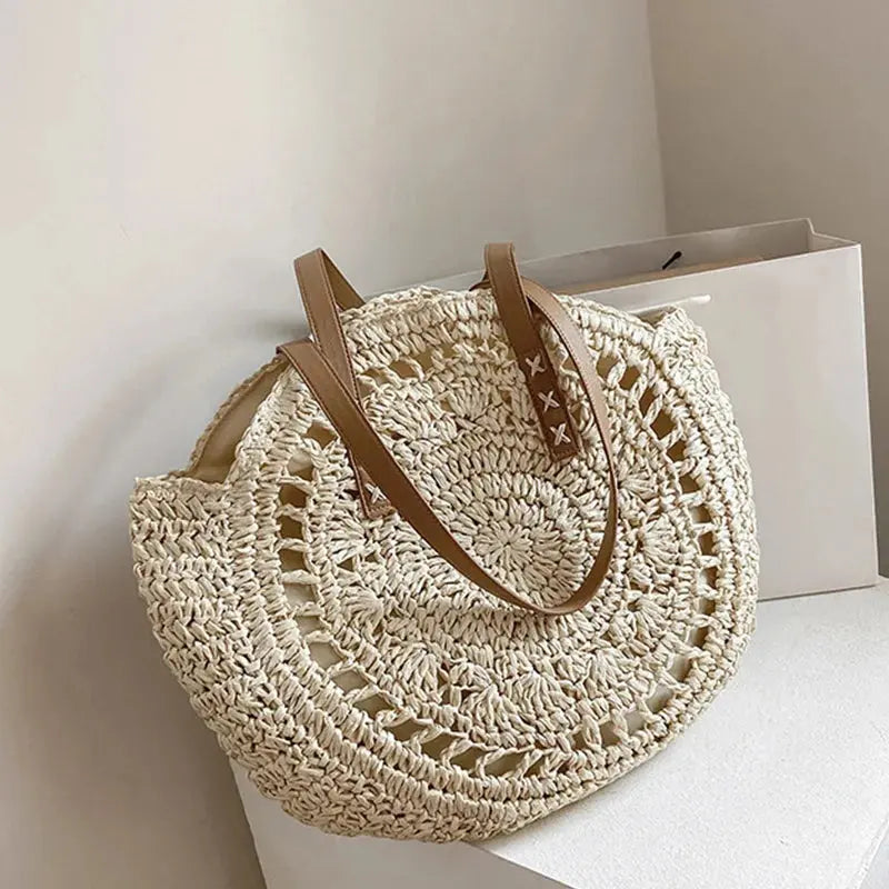 Round Straw Beach Bag – Hollow Woven Shoulder Tote for Women’s Summer Travel Brownstick