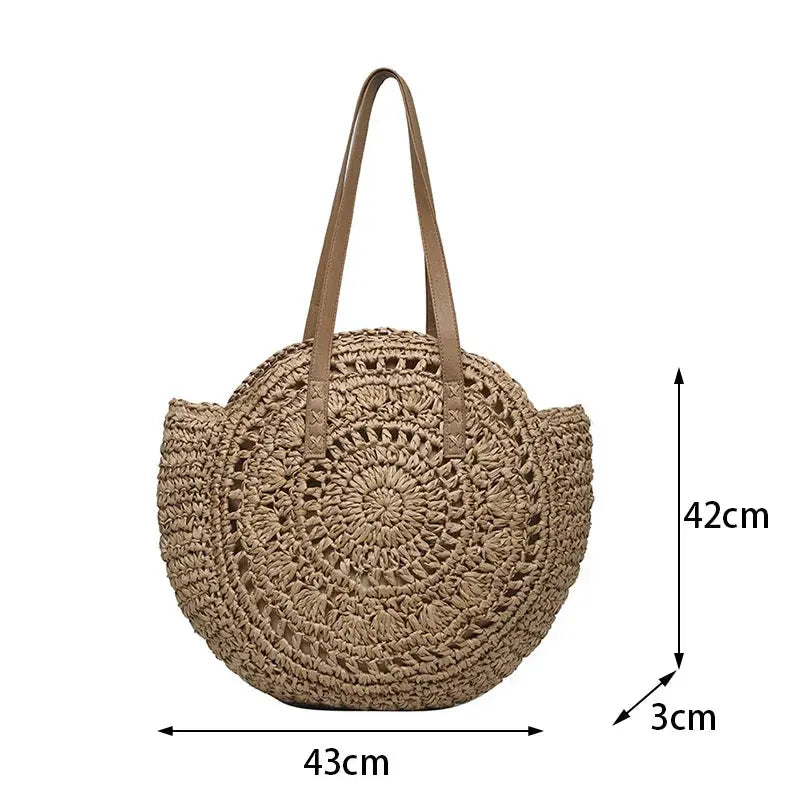 Round Straw Beach Bag – Hollow Woven Shoulder Tote for Women’s Summer Travel Brownstick