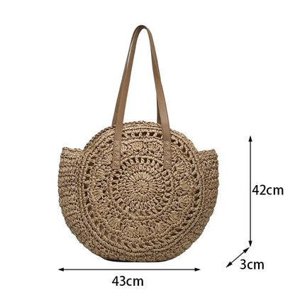 Round Straw Beach Bag – Hollow Woven Shoulder Tote for Women’s Summer Travel Brownstick