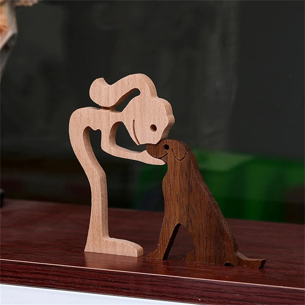 Wooden Dog and Human Figurine – Creative 3D Man Statue