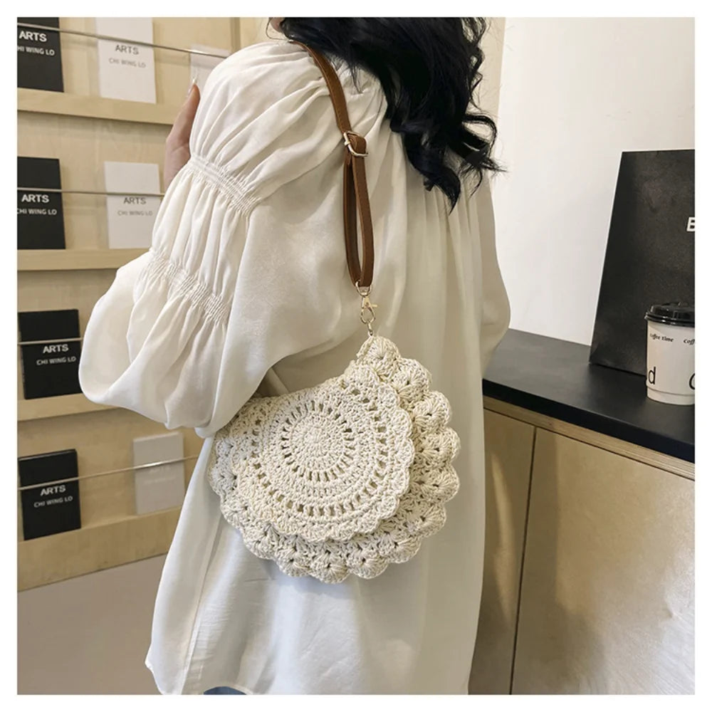 Fashion Hollow Woven Shoulder Bag for Women – Handmade Cotton Thread Crochet Crossbody Bag