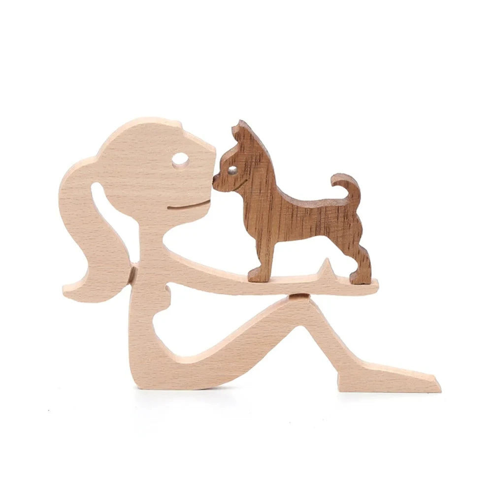 Wooden Dog and Human Figurine – Creative 3D Man Statue