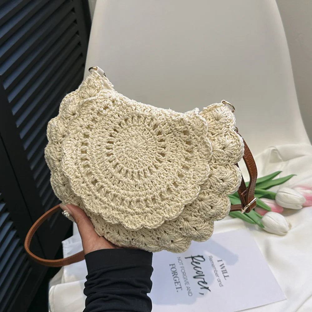 Fashion Hollow Woven Shoulder Bag for Women – Handmade Cotton Thread Crochet Crossbody Bag