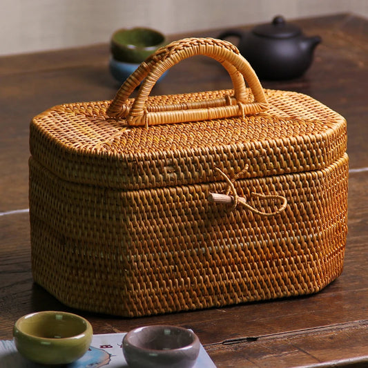 Handwoven Rattan Storage Box with Handle