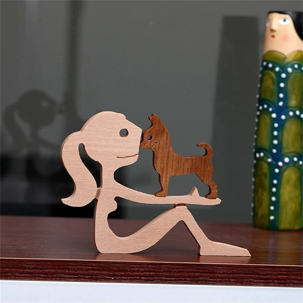 Wooden Dog and Human Figurine – Creative 3D Man Statue