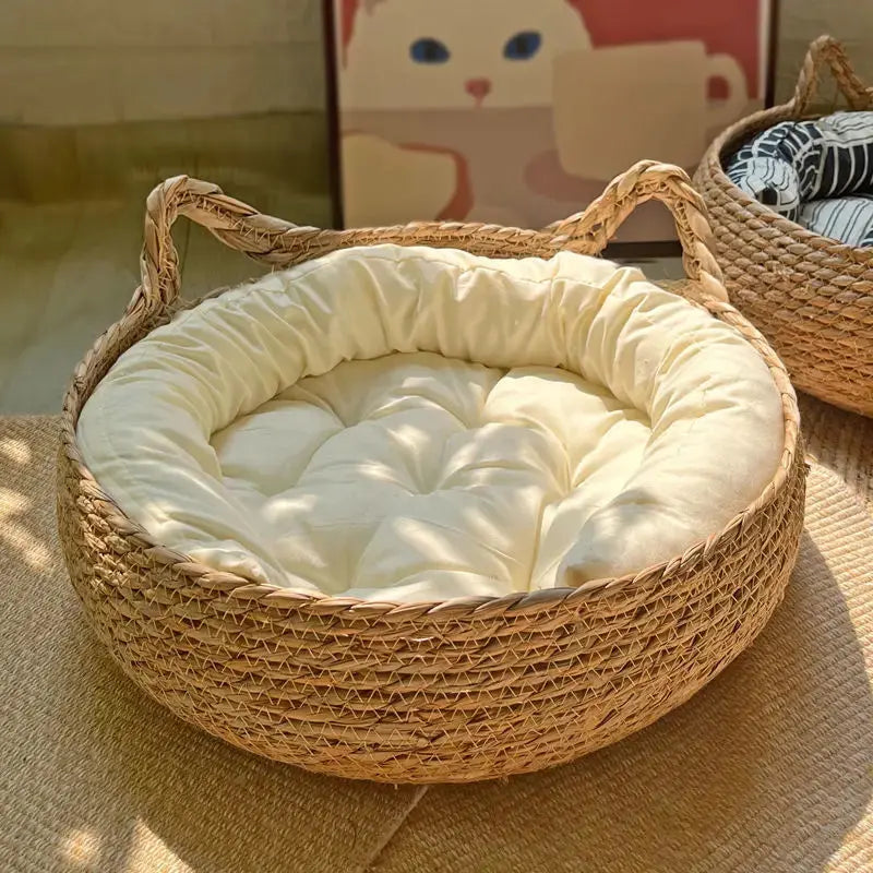 Washable Rattan Cat Bed- Removable Cushion & Litter House Brownstick