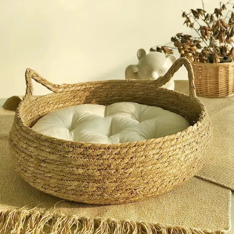 Washable Rattan Cat Bed- Removable Cushion & Litter House Brownstick