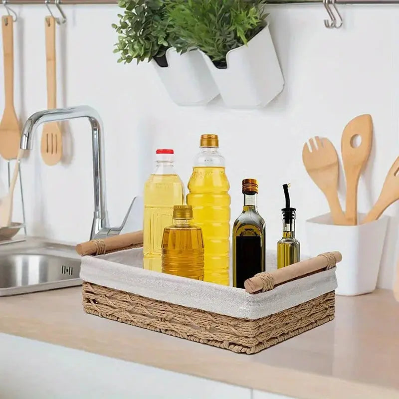 Wicker Storage Basket Organizer for Kitchen & Bathroom Countertops Brownstick