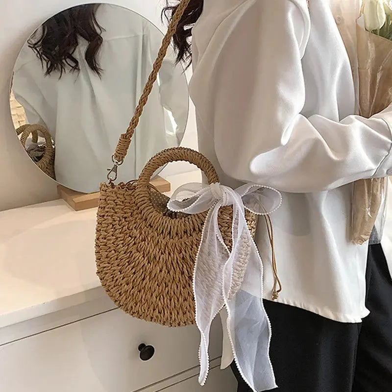 Women’s Handwoven Rattan Bag – Straw Beach Purse for Summer & Boho Style Brownstick