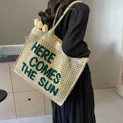 Women’s Straw Shoulder Bag – Handmade Summer Beach Tote with Letter Design Brownstick