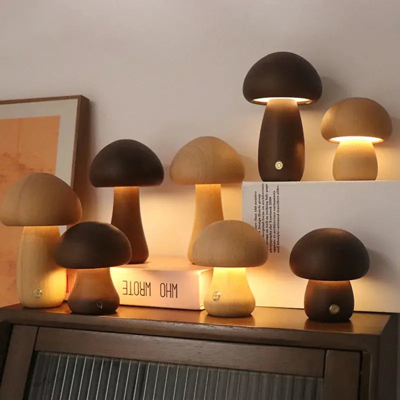 Wooden Mushroom Night Light - Touch Switch, Dimmable, USB Charging Brownstick