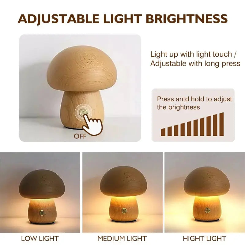 Wooden Mushroom Night Light - Touch Switch, Dimmable, USB Charging Brownstick